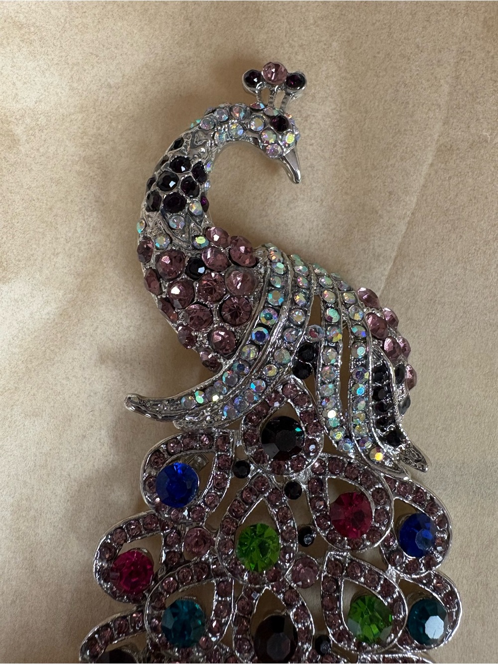 Rhinestone Peacock Brooch with Multicolor Gems